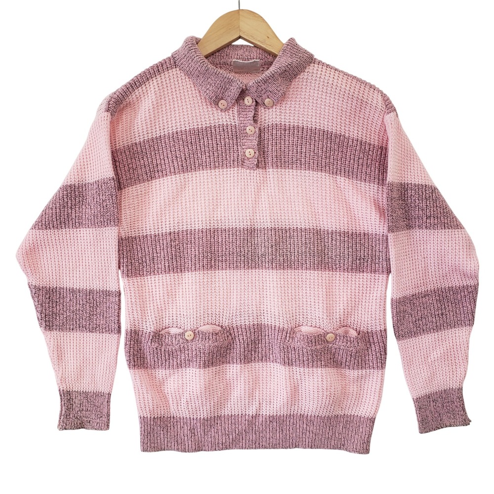 Vintage Deb Pink‎ Striped Knit Polo Sweater Women Medium Retro Preppy Coquette